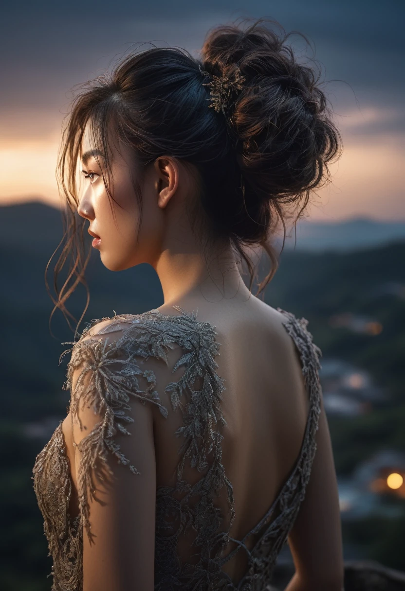 spidergirl,metaxneri ,native korean,back view,intricate details,realistic humid skin,extremely intricate,Epic Realistic, Romantic, cinematic style,irina yermolova, messy hair,luminous eyes,extremely detailed, (night landscape),masterpiece,intricate details,faded,eyes extremely detailed, high detailed eyes,16k resolution,RAW, Canon EOS R3,in action,extremely dangerous landscape,Monteverde Cloud Forest of Costa Rica, Pisces, transition between two art styles, Double contact, X-ray,Mestichino,Light particles