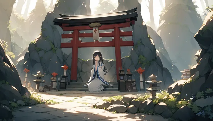 deep within a mysterious cave is a divinely beautiful shrine. the daughter of a young japanese priestess prays.