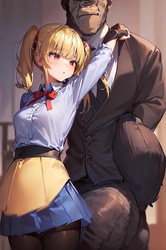 ((1girl)and(1shota boy)),hetero, ((((saber))),artoria pendragon/(((fate/)))) , ahoge, blonde hair, green eyes, hair between eyes, middle breasts, , braided bun, hair blue small bow, (white blouse, collared shirt, long sleeves), blue neck ribbon, (medium skirt, high-waist skirt, blue skirt, pleated skirt,) black pantyhose, (ahegao),(trembling), erectile nipples, (cum:1.4),cum in pussy,(cum on clothes:1.4), cum on breasts,cum on body,cum facial, bukkake,cum in mouth,cum on hair,(excessive cum), (1shota boy, short stature:1.4),small penis, dark-skinned ,interracial, ((vaginal,sex)),(upright straddle,couple,face-to-face), clothed sex, intercourse with boy, ((wrestling ring)), (masterpiece,best quality:1.3),(ultra-detailed,high resolution:1.2),(illustration),((an extremely delicate and beautiful)),(detailed background),