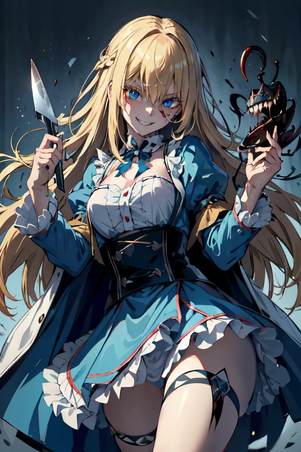 Best quality, 4K,Masterpiece, Extremely detailed, 8K, High detail, Sharp focus, 1girl, Solo, Alice in wonderland, long blonde hair, Detailed eyes, long coat, Smile, Gesugao, (Evil smile:1.1), Sharp teeth, (Crazy blue eyes:1.2), Yandere, knives, (blood spatter:0.9)