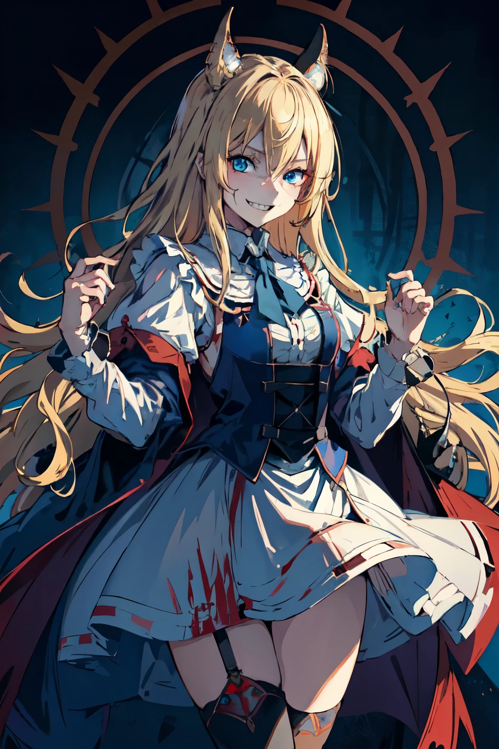 Best quality, 4K,Masterpiece, Extremely detailed, 8K, High detail, Sharp focus, 1girl, Solo, Alice in wonderland, long blonde hair, Detailed eyes, long coat, Smile, Gesugao, (Evil smile:1.1), Sharp teeth, (Crazy blue eyes:1.2), Yandere, knives, (blood spatter:0.9)