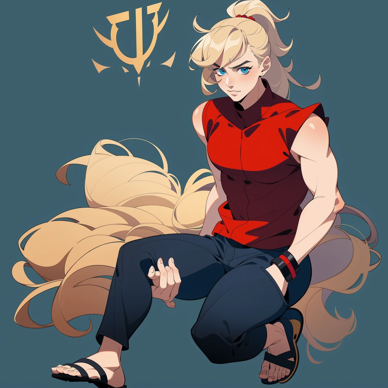 Solo, female, big blue eyes, cropped jacket, Black curly long hair in a ponytail, full body, sandals, bare arms, sleeveless blue jack with red shirt, cargo pants, gold accessories,
