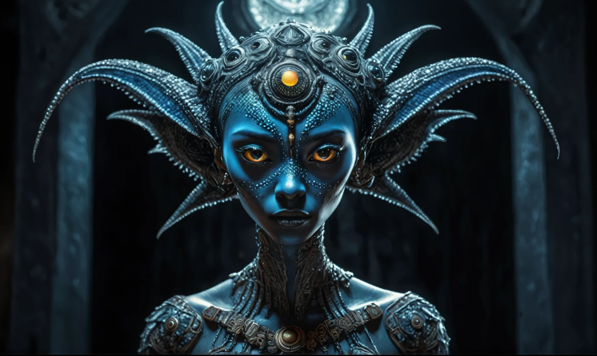 full body length shot,nerd graphite  Alien Entity,native africa slave ,nowadays azctec central city,Cinematic,soft colors, Technicolor,natural skin textures, hyper realism, hyper detailed,Extremely detailed,High contrast,Masterpiece,Realistic,Ultra Detailed, intricate details,realistic humid leather,extremely intricate details,Epic Realistic, cinematic style, irina yermolova,high contrast,hdr,extremely detailed, [deep night landscape],masterpiece, intricate details, eyes extremely detailed, high detailed eyes,8k resolution,retina, Nikon Z9,Korea,orc,, Pisces, transition between two art styles, Double contact, X-ray, Creative, vivid light, fantasy, Abstract, Surrealism, super detailed, high resolution,insanity wear,skin  almost translucent,  symbols of mourning and gothic elements, further emphasizing its dark air,Mestichino,Light particles,chaos,starfish's leather
