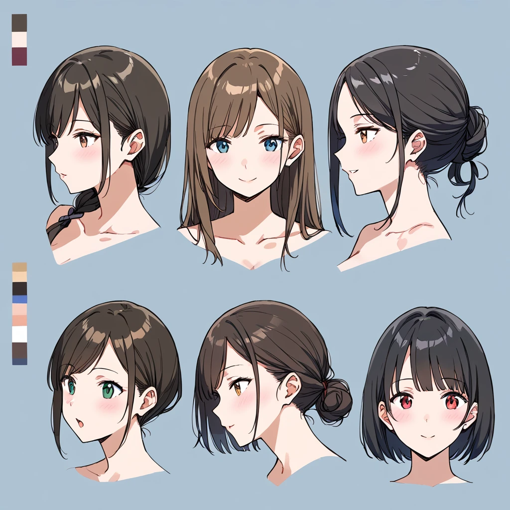 masterpiece, best quality, simple background, random hairstyle, large breasts,  9 girls,  character sheet, close-up,