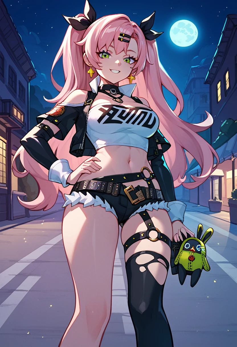 masterpiece, best quality, very detailed, very detailed,illustration, 1 woman, Nicole starts, hair ribbon, hairpin, earring, black collar, tube top, single thigh high, short, cropped jacket, belt, thigh straps, separated sleeves, doll, standing, put hands on hips, cowboy shot, night street, moon ,((A beautiful smile)), ((Mesgaki)), 