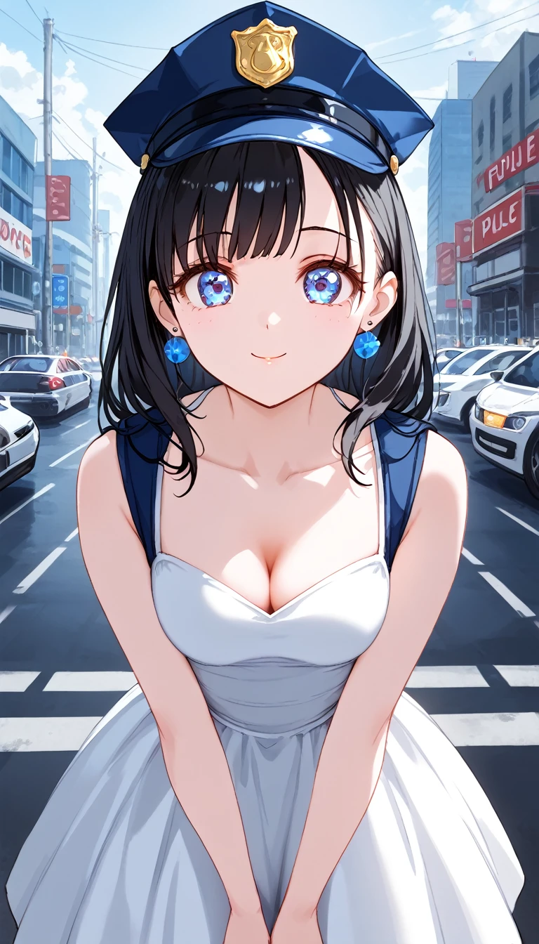 1 female, Black Hair, Blue Eyes, Delicate face, cute, Love Earrings, White Dress, Standing in front of the police station, Surreal