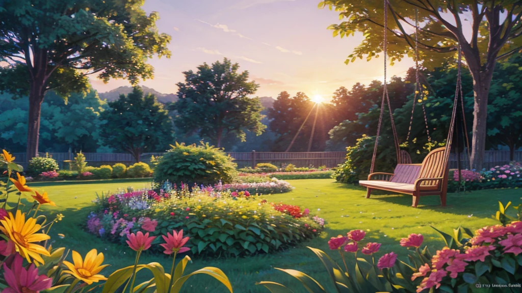 The sun setting over a flower garden, a garden swing gently swaying, the sound of crickets and the gentle breeze moving the leaves, by Andrei Kolkoutine, soft natural lighting, serene atmosphere, warm and soft colors, Intricate details of flowers and leaves, high texture quality, relaxing and peaceful scene, captures the natural beauty of the evening in the garden -- (best qualityer), (ultra highres), 8k resolution
