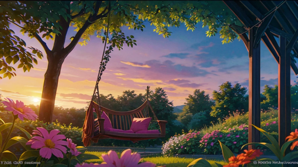 The sun setting over a flower garden, a garden swing gently swaying, the sound of crickets and the gentle breeze moving the leaves, by Andrei Kolkoutine, soft natural lighting, serene atmosphere, warm and soft colors, Intricate details of flowers and leaves, high texture quality, relaxing and peaceful scene, captures the natural beauty of the evening in the garden -- (best qualityer), (ultra highres), 8k resolution
