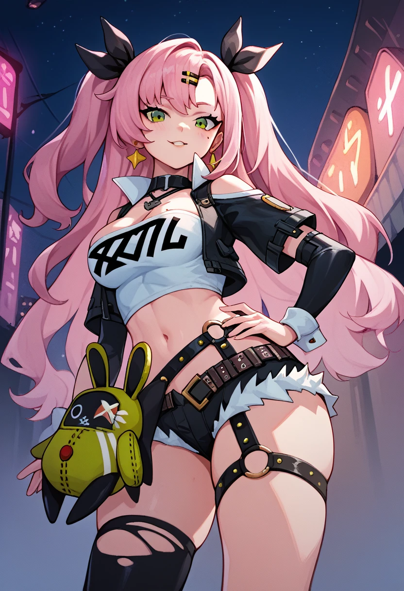 masterpiece, best quality, very detailed, very detailed,illustration, 1 woman, Nicole starts, hair ribbon, hairpin, earring, black collar, tube top, single thigh high, short, cropped jacket, belt, thigh straps, separated sleeves, doll, standing, put hands on hips, cowboy shot, night street, mesugaki,