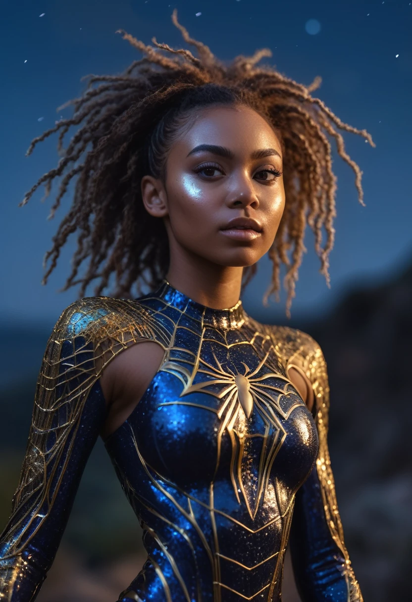 full body length,spidergirl of Chalsedoon,babygirl,native african,intricate details,realistic humid skin,extremely intricate,Epic Realistic, Romantic, cinematic style,irina yermolova, messy hair,luminous eyes,extremely detailed, [night landscape],masterpiece,intricate details,faded,eyes extremely detailed, high detailed eyes,4k resolution,RAW, Nikon Z9,photosnap in action,nudity