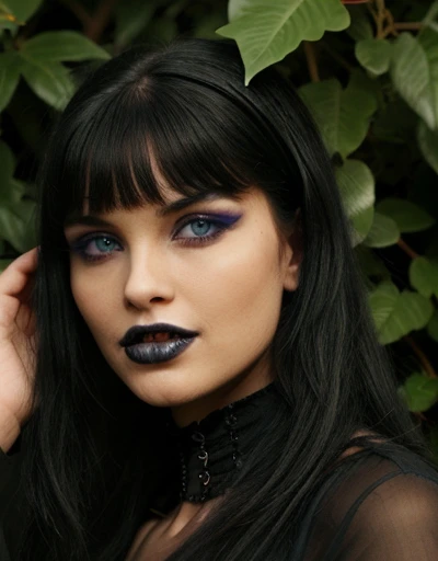 Masterpiece, Best Quality, girl , bite,  impresionantes teeth fangs,  perfect detailed 12k, perfect asymmetrical and detailed face, blue eyes white skin ,gothic makeup, long black hair with bangs, full HD imagen 1.2 full body