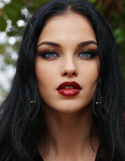 Masterpiece, Best Quality, girl , bite,  impresionantes teeth fangs,  perfect detailed 12k, perfect asymmetrical and detailed face, blue eyes white skin ,gothic makeup, long black hair with bangs, full HD imagen 1.2 full body