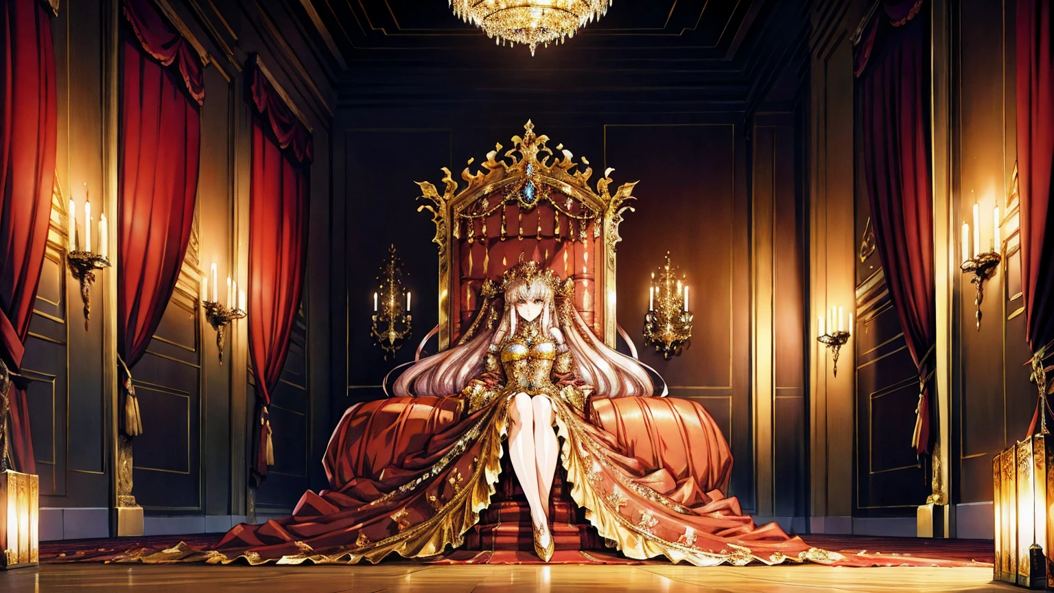 A highly detailed and realistic anime-style illustration featuring a female empress seated on a grand throne at night. The character has long, flowing hair and is wearing an ornate, regal gown with intricate patterns and a jeweled crown. She sits confidently on a majestic throne adorned with gold and precious stones, surrounded by luxurious drapery and elegant decorations. The background includes grand columns, a red carpet, and tall windows casting a soft, moonlit glow into the room. The scene is vibrant and opulent, with detailed shading and gradients to add depth, conveying a sense of power and grace. The character's eyes and facial expressions are emphasized to convey a sense of authority and calm.