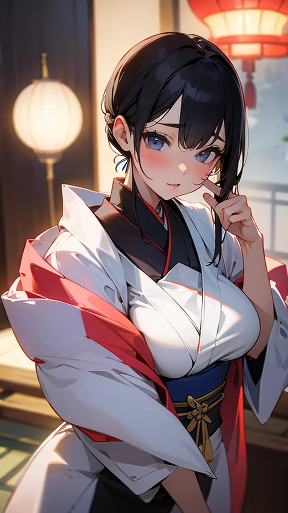 (masterpiece, best quality:1.2), (high resolution, 8K RAW photo, photo realistics, clear focus), (natural lighting, textile shading), pov, solo, face focus, 1 matured woman, 28 years old, (milf:1.5), raised sexy, New Year's visit, put your hand together, praying for happiness, closed eyes, smile, light Purple hair, medium long hair, hair over one eye, asymmetric hair, half updo hair, wavy hair, blue eyes, japanese clothes, kimono, at ZEN garden in Japanese temple, in front of torii gate, in spring, depth of field, bokeh, dynamic angle, from side above, (correct anatomy, ideal ratio of body proportions), in a night, under starry sky, Minamoto no raikou,