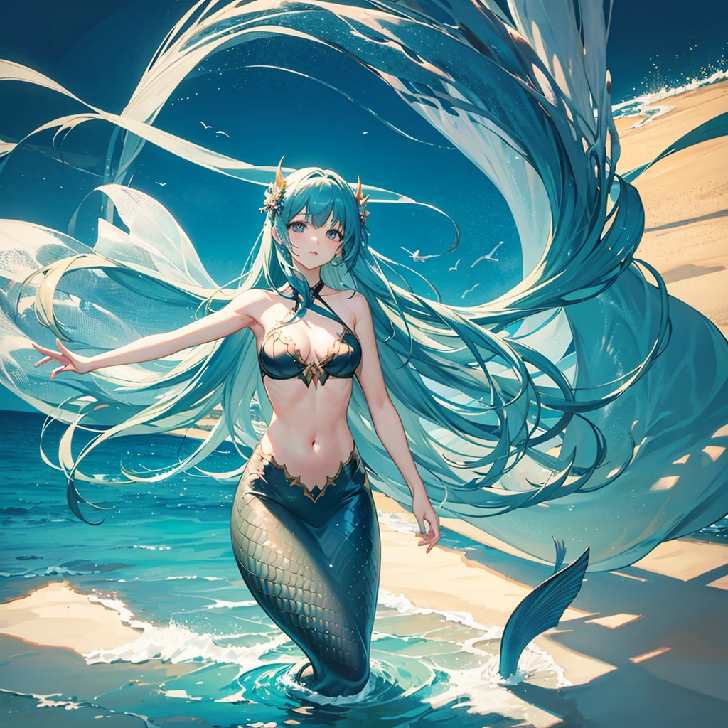 "Create a detailed fantasy artwork of a sea girl. She should have long, flowing hair that resembles seaweed, eyes that sparkle like ocean waves, and a shimmering, mermaid-like tail. Surround her with a vibrant underwater world teeming with colorful coral reefs, exotic fish, and ancient shipwrecks. The overall atmosphere should be magical and ethereal, with soft, diffused lighting filtering through the water, highlighting her mystical presence."