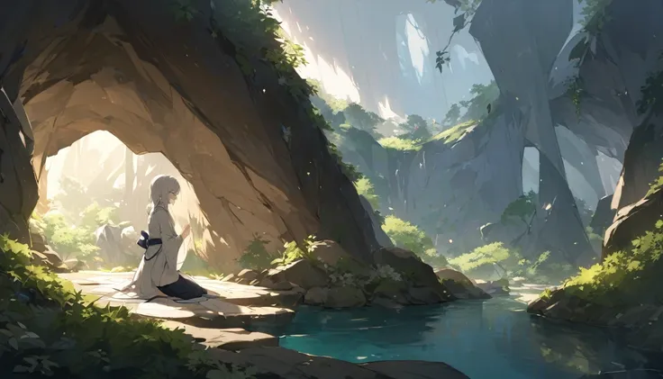 deep within a mysterious cave is a divinely beautiful shrine. the daughter of a young japanese priestess prays.