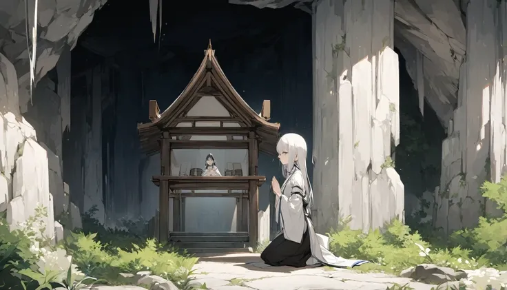 deep within a mysterious cave is a divinely beautiful shrine. the daughter of a young japanese priestess prays.