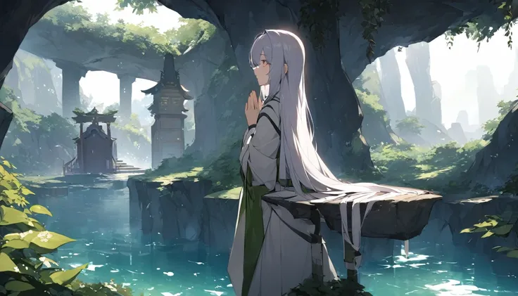 deep within a mysterious cave is a divinely beautiful shrine. the daughter of a young japanese priestess prays.