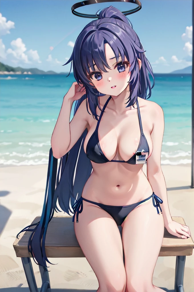 1girl, yuuka \(blue archive\), halo, (blue stripe bikini), solo, id card, ponytail, cowboy shot, sitting, head tilt, parted lips, looking at viewer, arm support, masterpiece, nipple, 