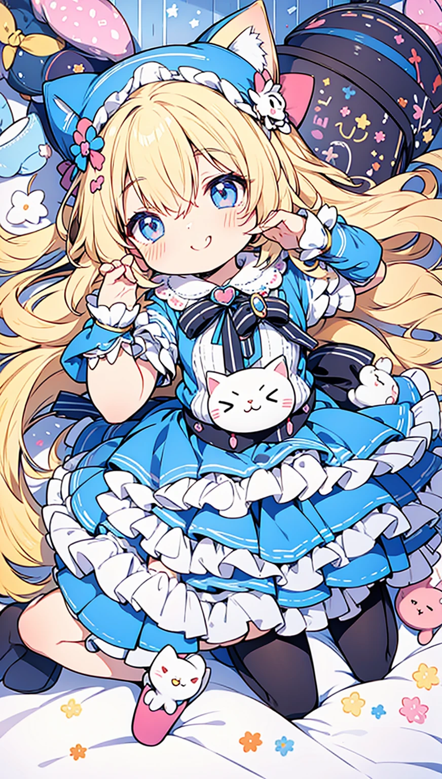 Highest quality、Masterpiece、boy,((It's a Small World:1.3)),smile,Princess style from the fairy tale world,alice in wonderland,cheshire cat,close up of face,(polka dot background:1.2),red and white and pink and yellow,(look up:1.3),(NSFW),(plump cleavage),