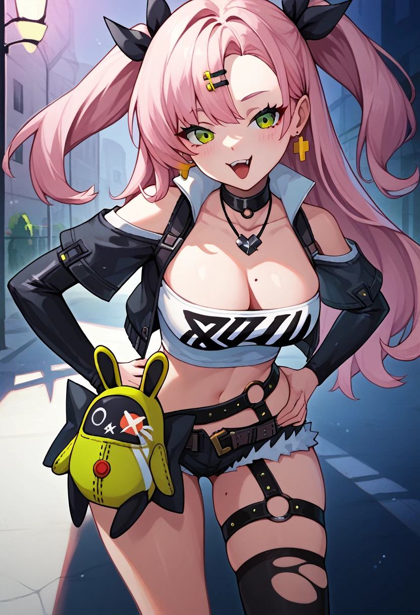 masterpiece, best quality, very detailed, very detailed,illustration, 1 woman, Nicole starts, hair ribbon, hairpin, earring, black collar, tube top, single thigh high, short, cropped jacket, belt, thigh straps, separated sleeves, doll, standing, put hands on hips, cowboy shot, night street, mesugaki,