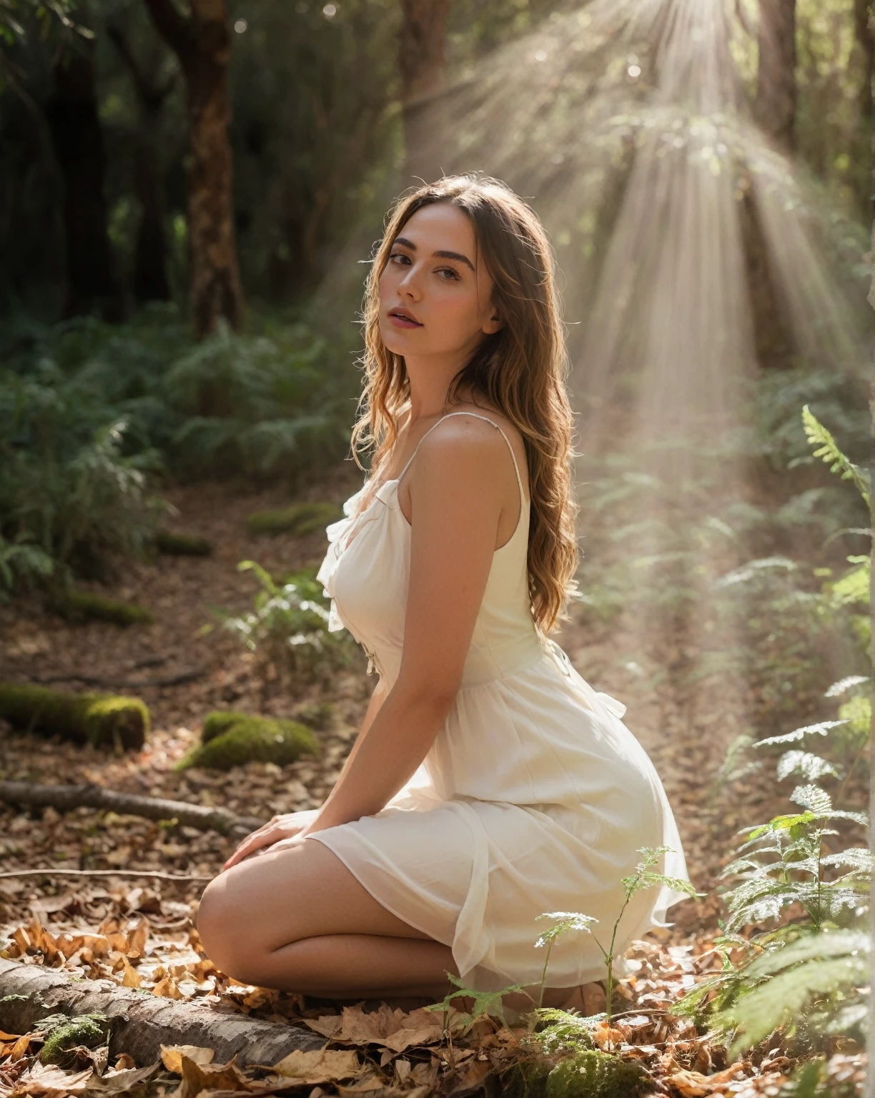 White skin, fit girl, wavy hair, long hair, wearing a long gown, sitting in the deep forest, background deep forest 