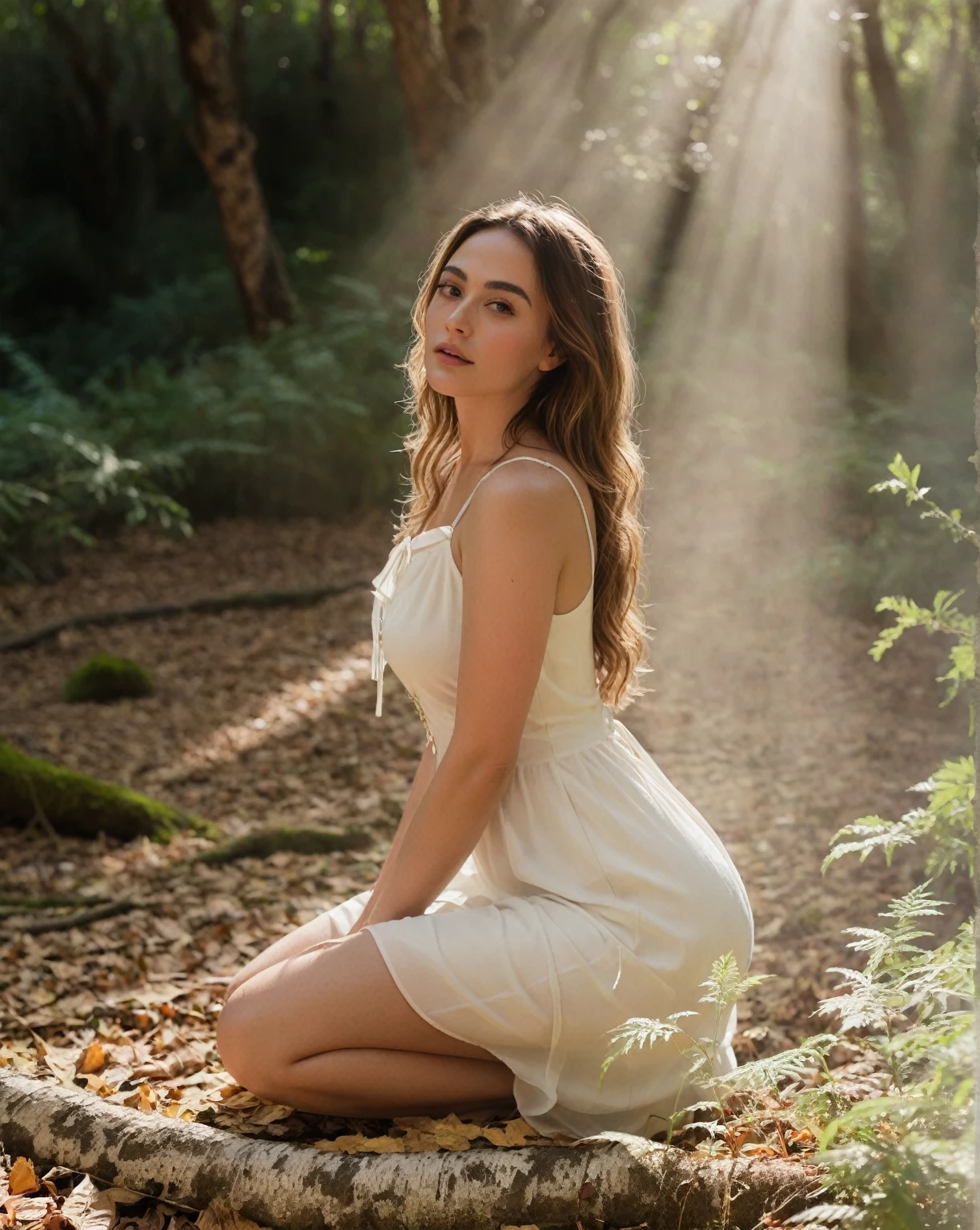 Cinematic photorealistic portrait frame of (((ohwx woman))), embodying eternal beauty amidst the lush greenery of the Paphos forest. Captured by Craig McDean with a romantic and ethereal aesthetic.. She stands in the middle of a clearing bathed in soft light.., sunlight filtering through the leaves. The photographer uses a soft focus technique., slightly blurring the background and emphasizing her delicate features and flowing white dress..