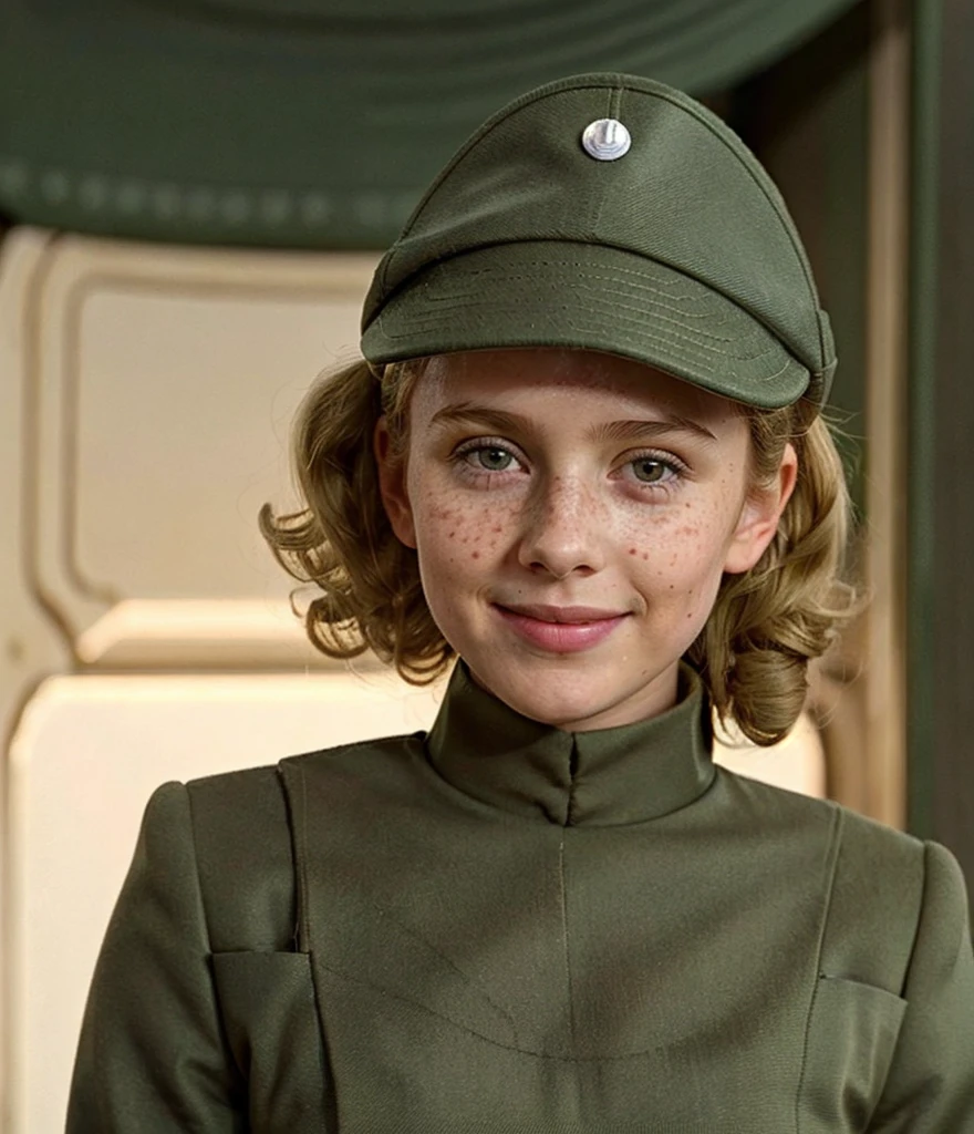 Pretty young girl in olive green imperial officer uniform and hat, short curly blonde messy curls, little freckles, rosy cheeks, dreamy, smiley, happy