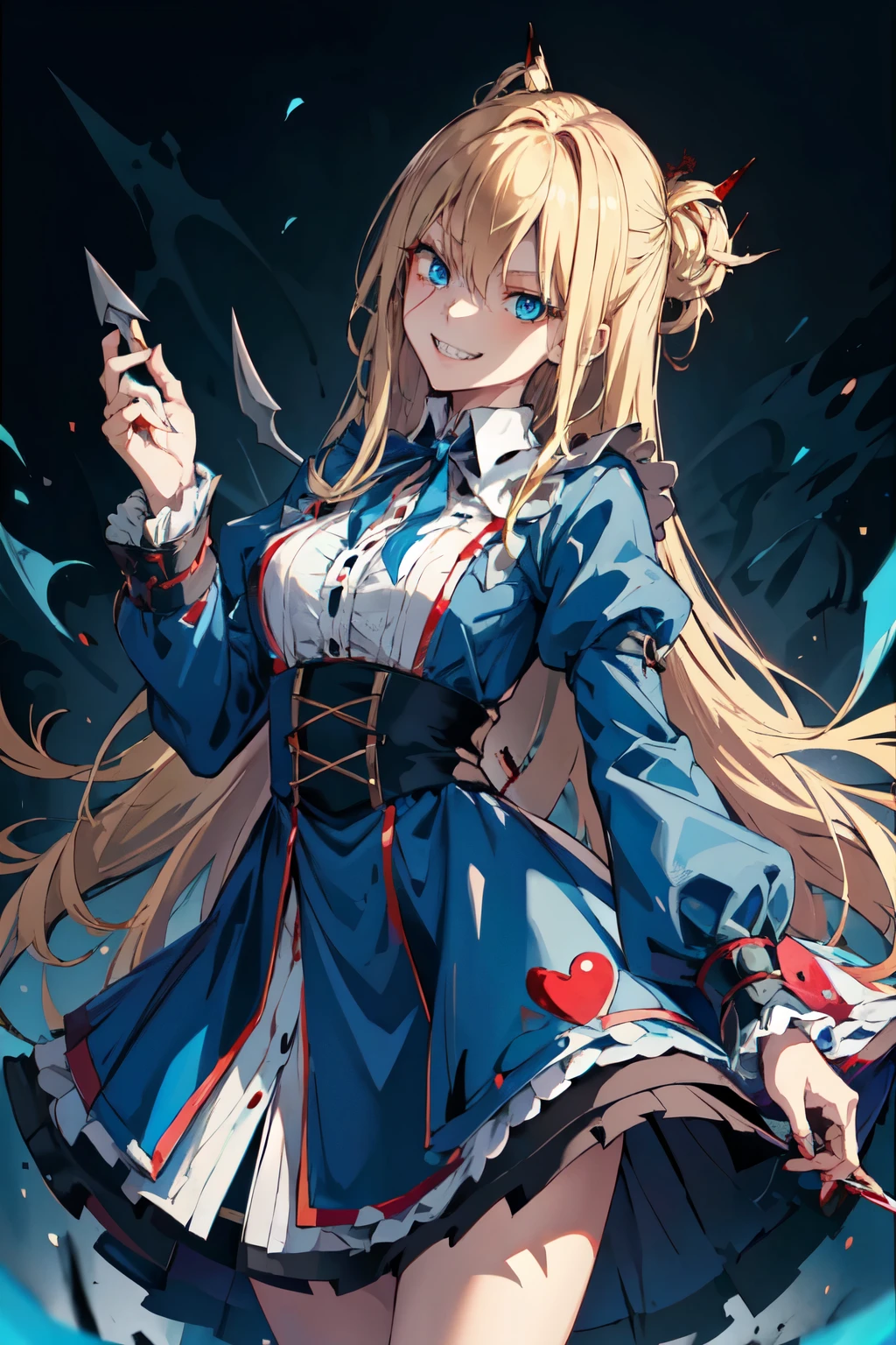 Best quality, 4K,Masterpiece, Extremely detailed, 8K, High detail, Sharp focus, 1girl, Solo, Alice in wonderland, long blonde hairs, Detailed eyes, (long coat), Smile, Gesugao, (Evil smile:1.1), Sharp teeth, (Crazy blue eyes:1.2), Yandere, holding knives, (blood spatter:0.95)