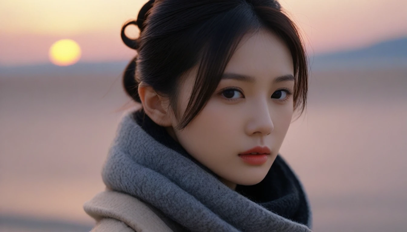 8K, 超High resolution, Highest quality, masterpiece, Surreal, photograph,Three-part method, 1 Girl, (16 years old:1.3), pretty girl, Cute face, Beautiful eyes in every detail,Japan Female Announcer,Close Up、Young Wife,(Wearing a long winter coat and scarf、Close-up of a thin black double-sided updo:1.5)、(The girl turned around with a sad look on her face.。, Her hair blowing in the wind on a winter beach:1.5)、(Blurred Background:1.5)、(red sky at sunset:1.5)、(Perfect Anatomy:1.5)、(Complete Hand:1.3)、(Full Finger:1.3)、Realistic、生photograph、Tabletop、Highest quality、High resolution、Delicate and beautiful、Perfect Face、Beautiful details、Fair skin、Real human skin,super cute super model、Look closely at the camera 、鮮明なdetailed、detailed、Surreal、Light and shadow,Strong light,Fashion magazine cover,Thin lips