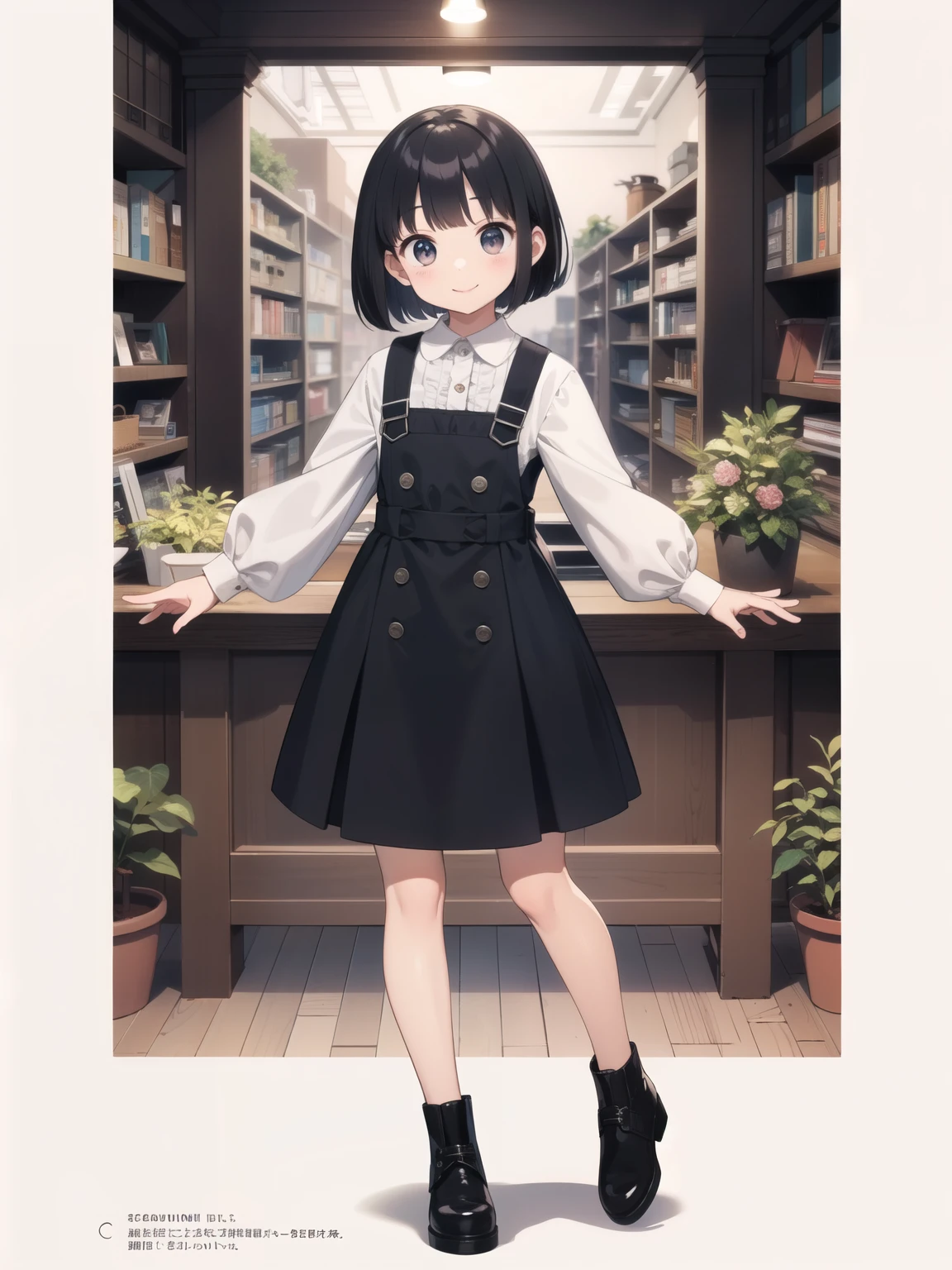 master,piece,best quality,Full body portrait from head to toe,Small and cute 、10 years old、Black Hair、Bob Hair、smile、Ruffled pinafore skirt、Town