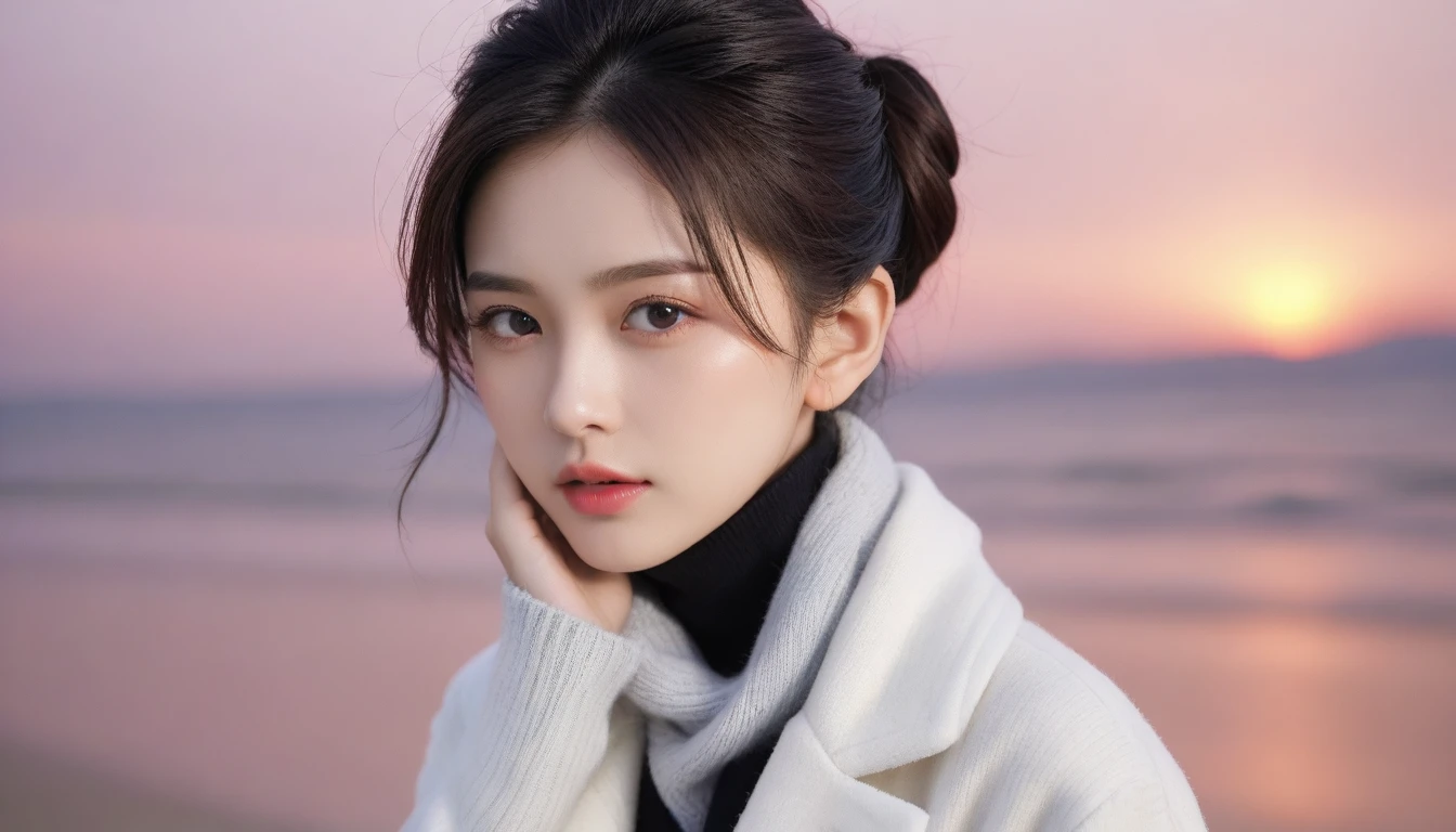 8K, 超High resolution, Highest quality, masterpiece, Surreal, photograph,Three-part method, 1 Girl, (16 years old:1.3), pretty girl, Cute face, Beautiful eyes in every detail,Japan Female Announcer,Close Up、Young Wife,(Wearing a long winter coat and scarf、Close-up of a thin black double-sided updo:1.5)、(The girl turned around with a sad look on her face.。, Her hair blowing in the wind on a winter beach:1.5)、(Blurred Background:1.5)、(red sky at sunset:1.5)、(Perfect Anatomy:1.5)、(Complete Hand:1.3)、(Full Finger:1.3)、Realistic、生photograph、Tabletop、Highest quality、High resolution、Delicate and beautiful、Perfect Face、Beautiful details、Fair skin、Real human skin,super cute super model、Look closely at the camera 、鮮明なdetailed、detailed、Surreal、Light and shadow,Strong light,Fashion magazine cover,Thin lips