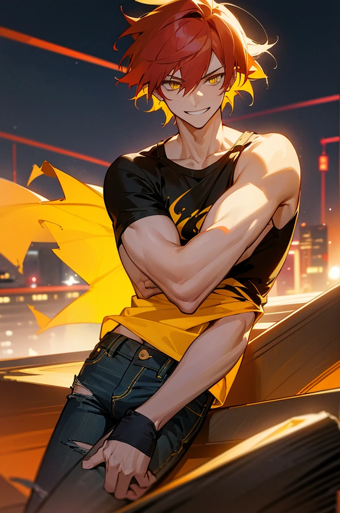 Bra Top, blonde guy, jewely, Ring, Blonde hair, Solo, Red heart symbol, Red Eyes, Looking at the viewer, Red Nails, Short hair, Undercut, A smile, One Boy, Open mouth, Male Focus, Jersey pants, Navel, Choker, off shoulders、Red heart earrings、The mowed part is black