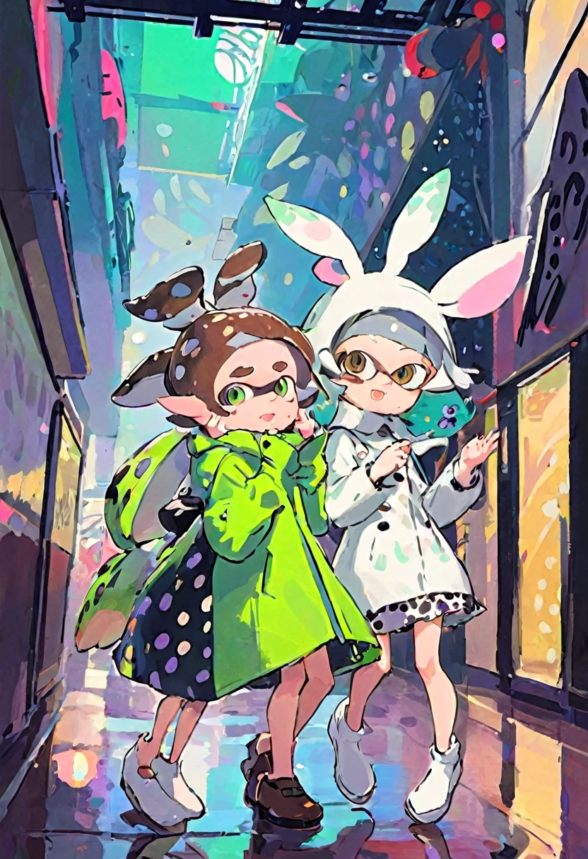 a Splatoon idol duo, grey shark boy wearing green coat, and bunny slug girl wearing white and brown spotted dress