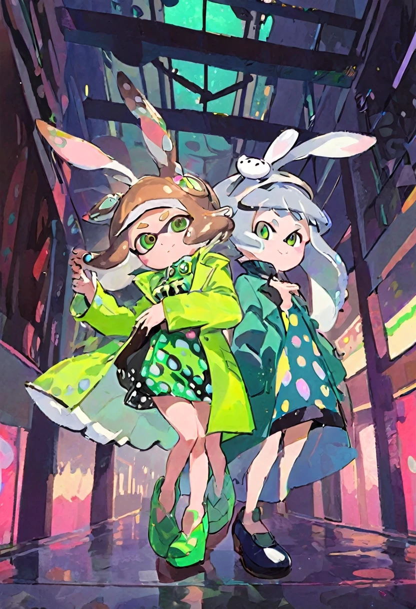 a Splatoon idol duo, grey shark boy wearing green coat, and bunny slug girl wearing white and brown spotted dress