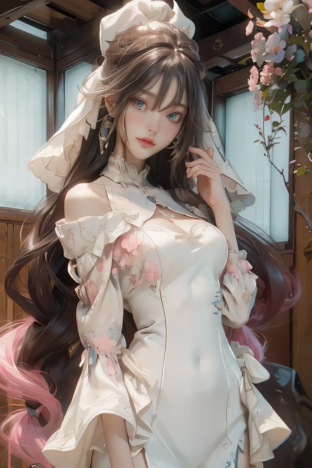 extreme face close-up,random pose,1 girl,(highly detailed skin),bent,,beautiful胸,pale skin,(fantasy art,best image quality,surrealist portrait,(8K),Super realistic,最high quality, high quality, High resolution, high quality texture,high detail,beautiful,become familiar with,Very detailed CG,become familiar withテクスチャー,realistic expression,masterpiece,sense of presence,dynamic,bold),(super thin hair),(super soft hair),(ultra straight hair),long flowing bangs,extra light coppery amber hair,hair above one eye,(Clothes:1.5),pale pink tight long dress,golden embroidery.beautifulレース