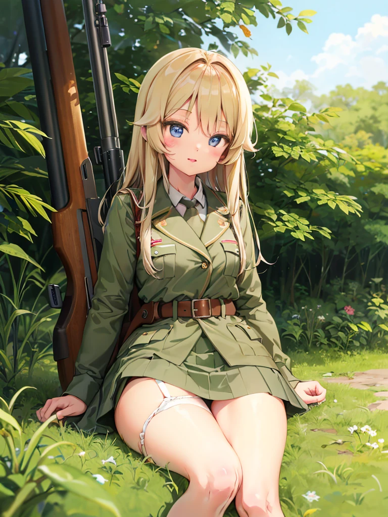 (High resolution:1.1), (absurderes:1.1), Best Quality, Ultra high definition, The highest resolution, Very detailed, Anime, 1girl in, anmi, Cute Girl, Military uniform, Mini skirt, (White panty:1.1), pantyshot, Sit on the ground, Hold your rifle, plein air