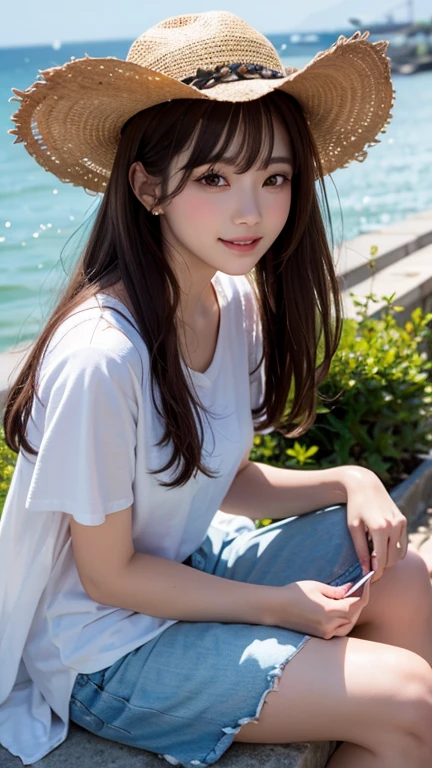 (8K、High resolution)、(masterpiece)、Highly detailed eyes、Highest quality、(From the waist up angle)、Sitting on a bench on a hill overlooking the sea、I wear a variety of caps、(With a smile)、Hyperrealism、(Realistic skin texture)、Korean Idols、Nogizaka Idol、Beautiful eyes in every detail、Baby Face、20-year-old、in casual clothes、（Perfect Arms)  (Perfect fingers）