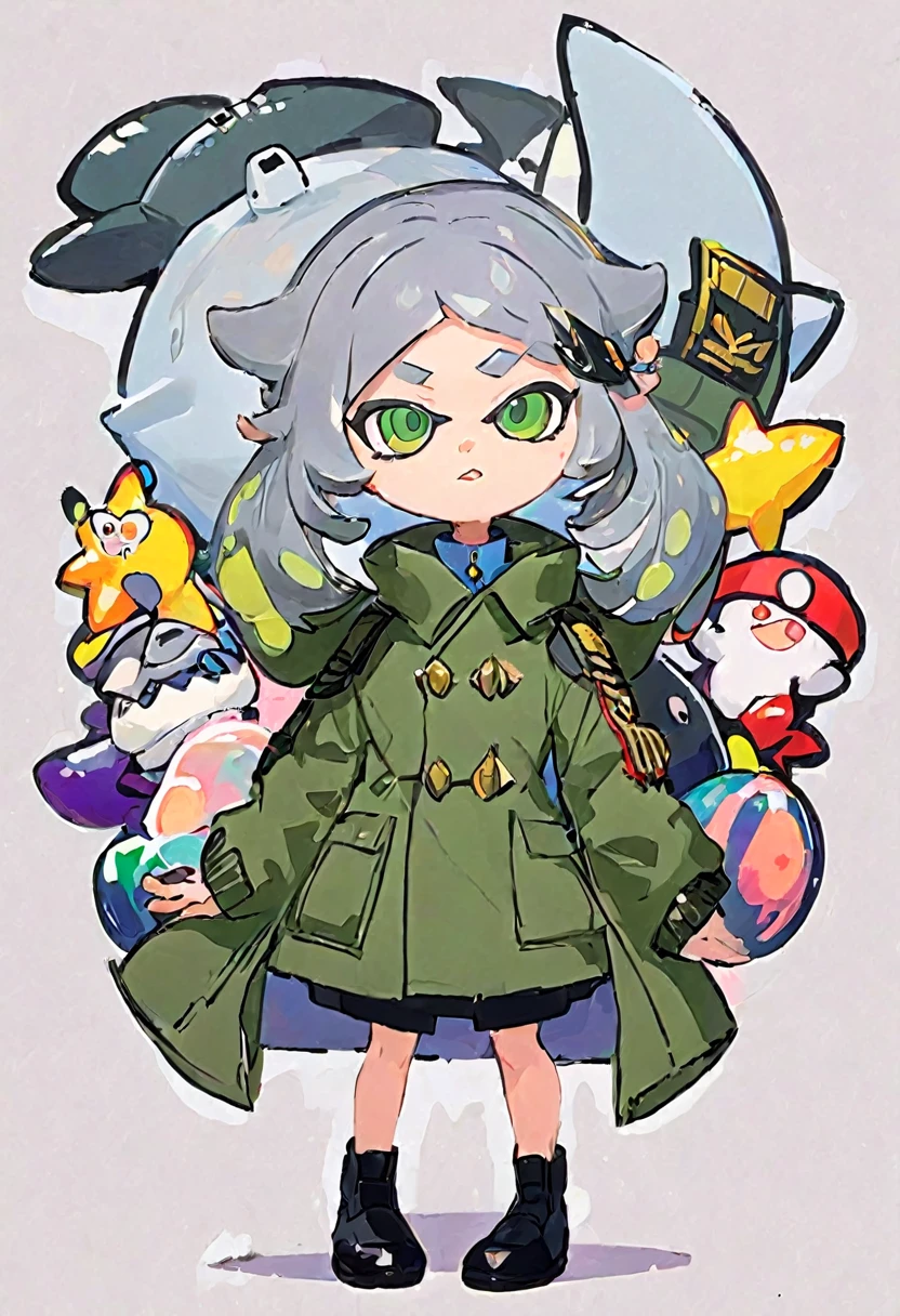 Splatoon shark idol with grey hair and green military coat