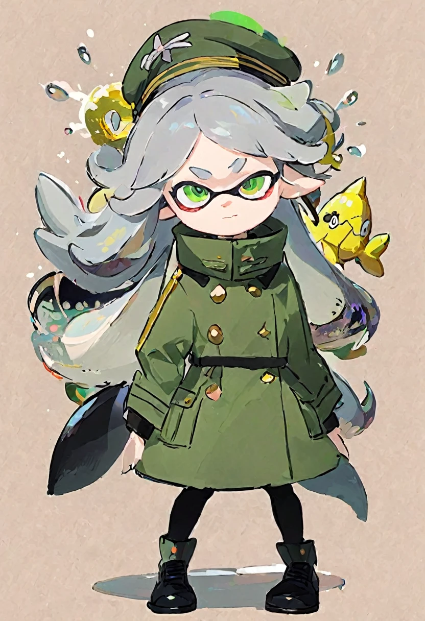 Splatoon shark idol with grey hair and green military coat