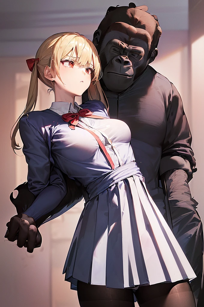 masterpiece, best quality,anime style, 1 girl,(((slender body))), (((small breast))),(((hot pants, blue tanktop,red tie))),(((((a gorilla man grabbing the girl))))), ((((restrained, arms behind back)))),((((cum)))), (beautiful face), (((short hair))), (((straight hair))), ((((blonde hair)))),detailed beautiful skin, (perfect hands, perfect anatomy)