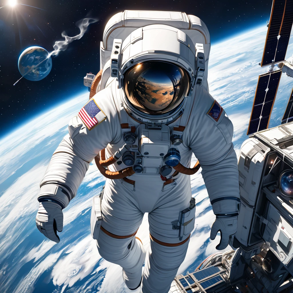 Realistic, super detailed, space, universe,Space suit, astronaut, Earth background, moon, astronomia, international space station,Smoke glass,