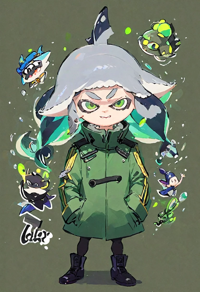 Splatoon, male shark idol with pointy grey hair and a green military coat