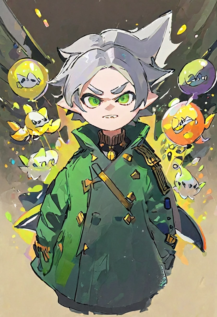 Splatoon, male shark idol with pointy grey hair and a green military coat