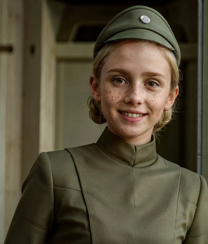 award winning film still, full shot photo of a russian girl, smirk, wearing an old used worn out soviet outfit, exquisite backlighting, dramatic LUT