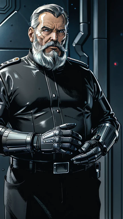 He observes his own bionic hand, The space general aged 65 has long gray beard and long beard, wears a futuristic uniform, he is fat bearded, long sleeve uniform , wearing leather gloves on your hands, he has his arms crossed seriously, speaking to the viewer, He wears a white general&#39;s hat on his head.