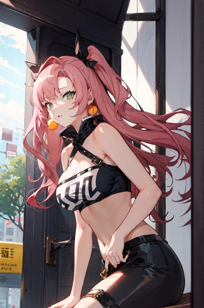 Excellent，work of art，high resolution，highest quallity，(cowboy shot)、cute face，pink  hair、long hair、twintails、((Shooting from the front:1.5)), ((wearing a tight black t-shirt:1.5)). ((beautiful nipples))、((breasts big:1.5)), wet and see-through