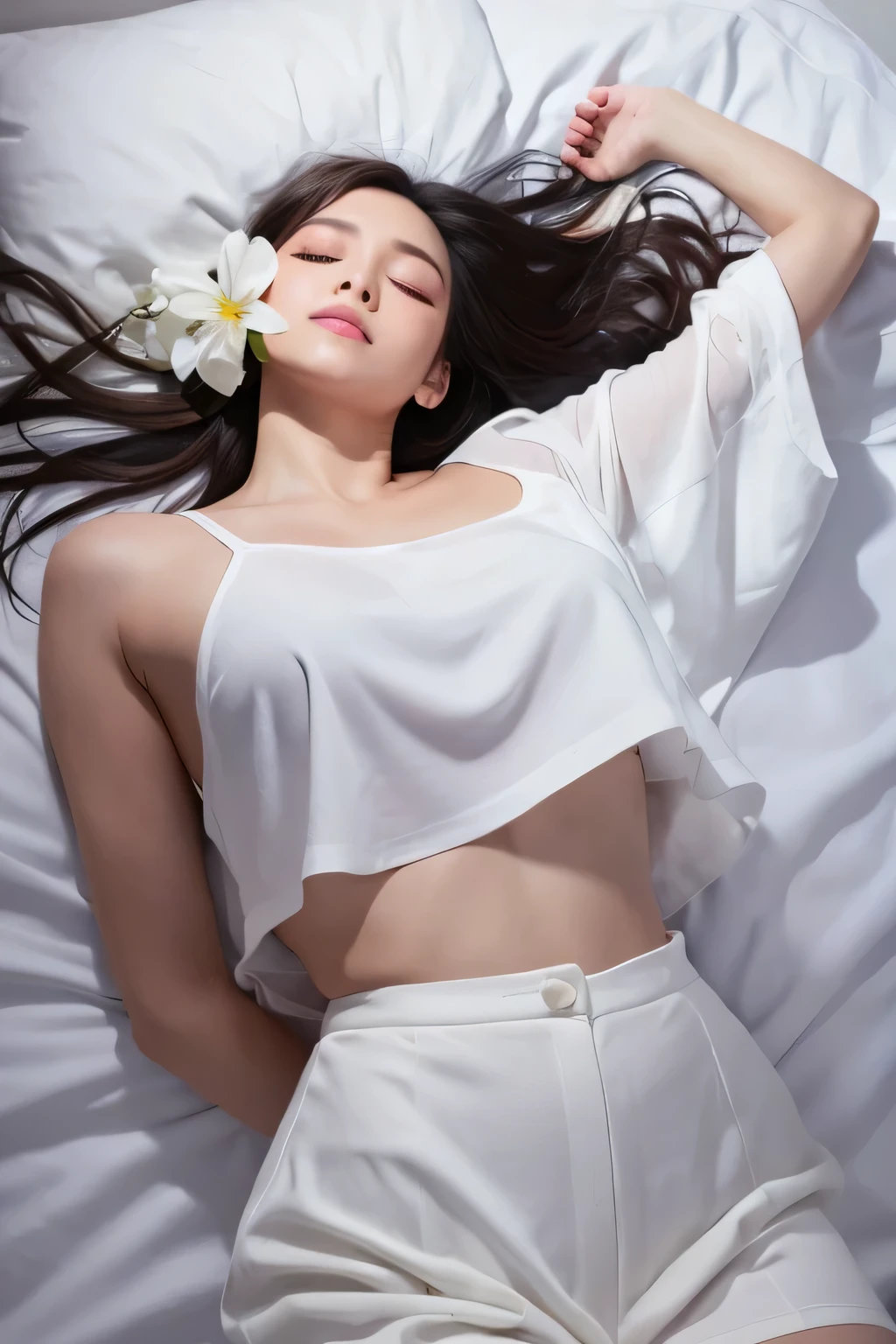 ((Top Quality, 8k, Masterpiece: 1.3)), Beauty, 1 Girl, Big: 1.3, Slender Abs: 1.1, Dark Brown Hair, (Lying in bed, Open Legs: 1.2), Ultra Detailed Face, Highly Detailed Lips, Detailed Eyes, Double Eyelids, (((Wet White Tube Top)),((Protruding Nipples),(Protruding Nipples),(Legs spread))))