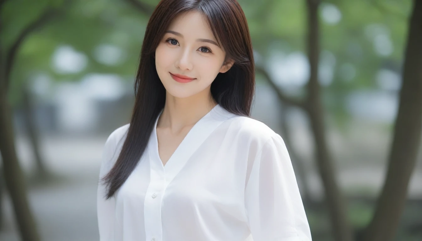 8K, Ultra-high resolution, Highest quality, masterpiece, 三分割法によるphotograph,Surreal, photograph, 1 Girl, (:1.3), pretty girl, Cute face, Beautiful eyes in every detail, 細かくdetailedに,masterpiece,, One Girl:1.2, Japan Female Announcer,upper body,Outdoor,street tree,White blouse,The chest buttons are open,Refreshing sweat,Full of sex appeal,Sensual,A carefree smile,Heal the heart,Black Hair,Short Bob,Looking at the audience、beauty,Long neck、Laugh a little、Please close your mouth and laugh、(((Ideal body type))),A cup small breasts :2,、Portraiture:2、Perfect Anatomy、鮮明なdetailed、detailed、Surreal、Light and shadow,Strong light