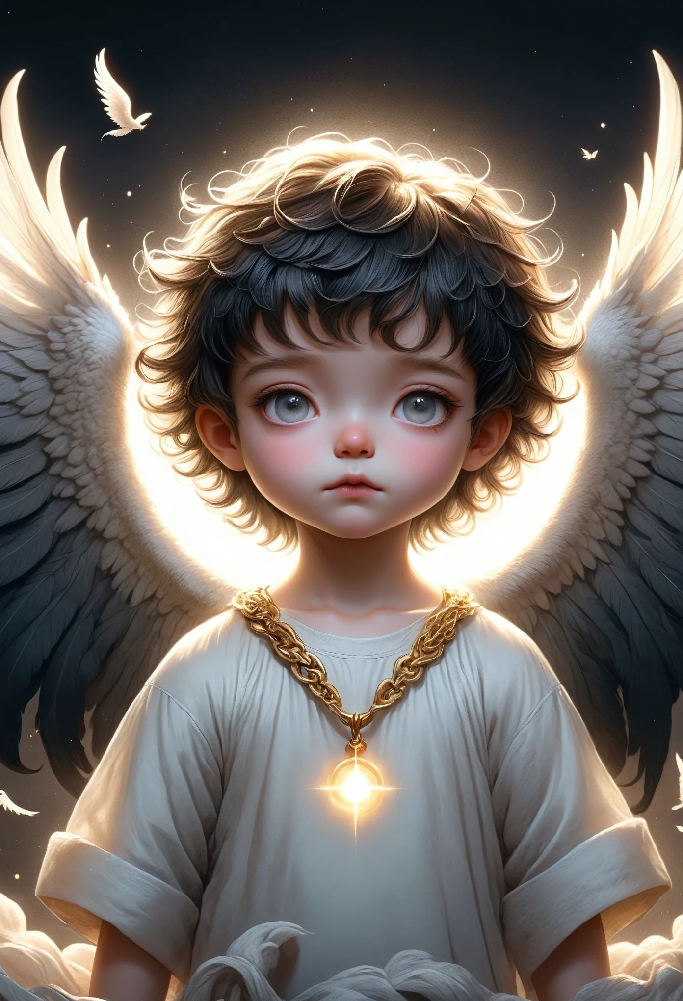 with dark background, a beam of light came down from the air, dynamic magic luminous gold water flowing in the air, deep withe and light gold tone, A 3 year old boy with angel wings and Halo, wearing jewelry, black background, illustration, pastel colors, chiaroscuro, Middle Ages, realistic, ultra detailed, Blender, C4D, octane rendering, 8K, HD，A painting of dark fallen angel Lucifer surrounded by dark wings, black and white Möbius strip, spinning and tumbling white wings and dark angels, deathcore style, layered image with subtle irony, Himalayan art
